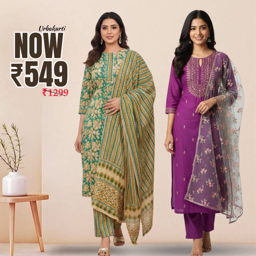 Pack of 2 Premium Cotton Kurtis with Pant & Dupatta – Casual Ethnic | C-01