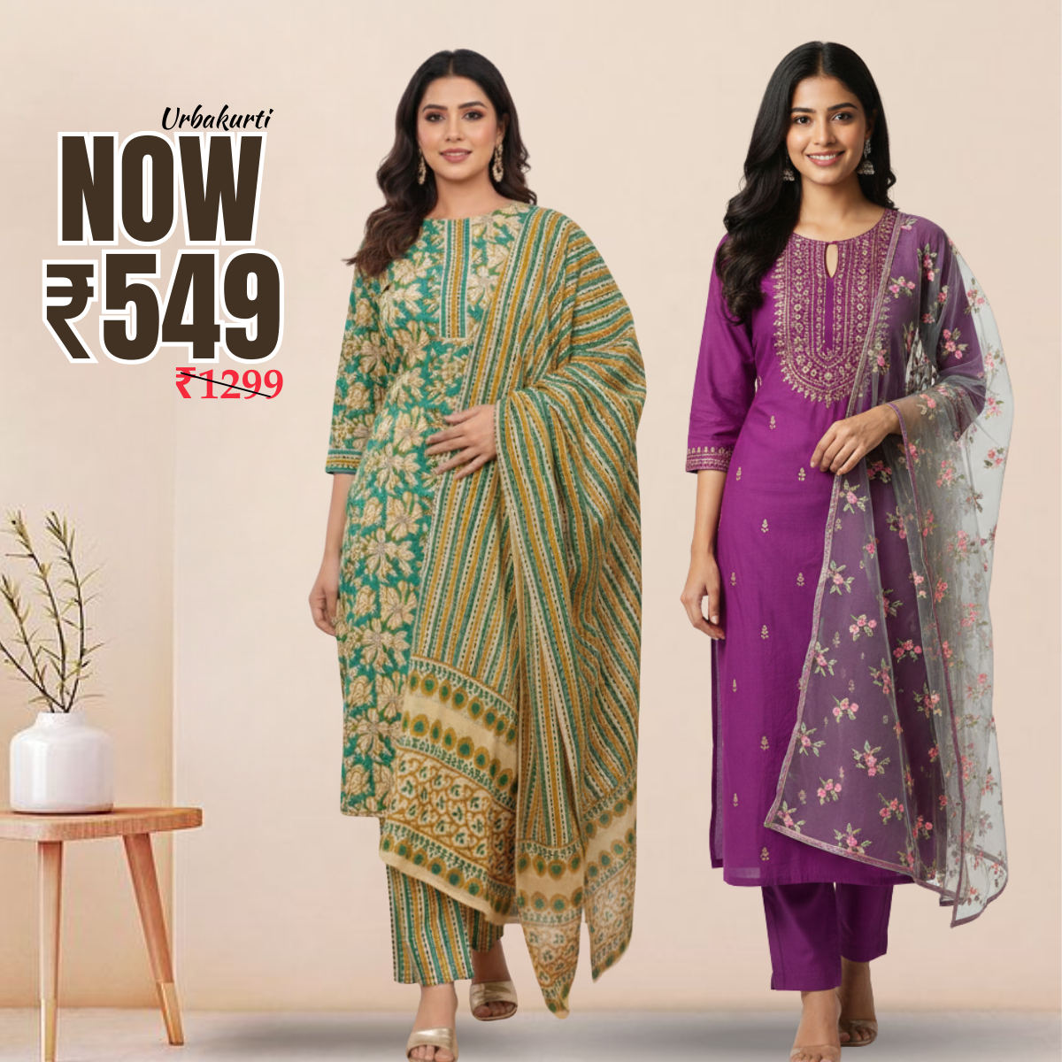 Pack of 2 Premium Cotton Kurtis with Pant & Dupatta – Casual Ethnic | C-01