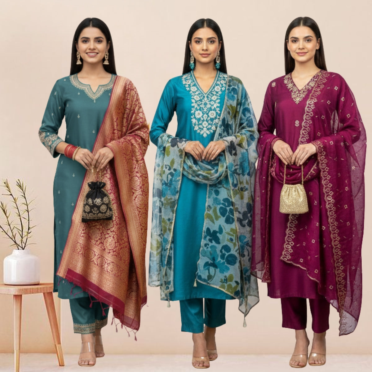 Women's Pack of 3 Pure Cotton Kurtis with Pant & Dupatta |C-03