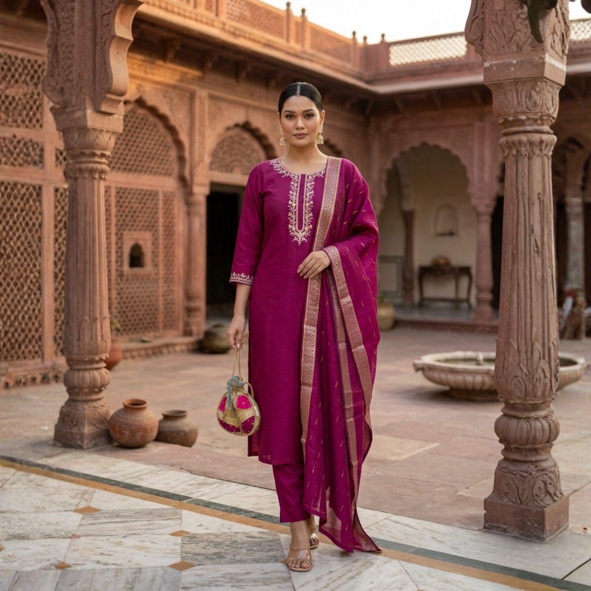 Women's Pack of 3 Pure Cotton Kurtas Pant Set & Dupatta |C-023