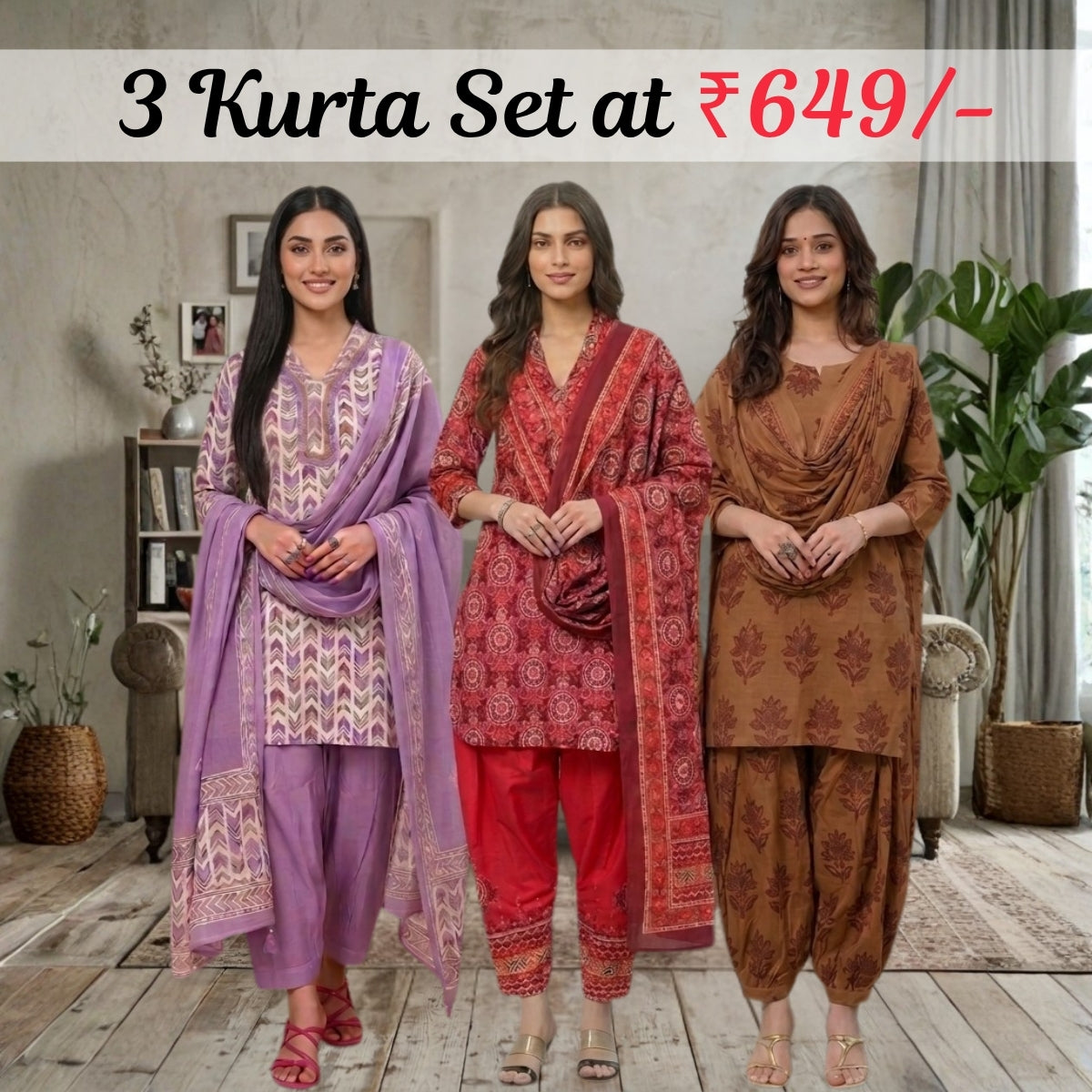 Pack Of 3 Farshi Salwar Kurta Set With Dupatta ( CKD_04)