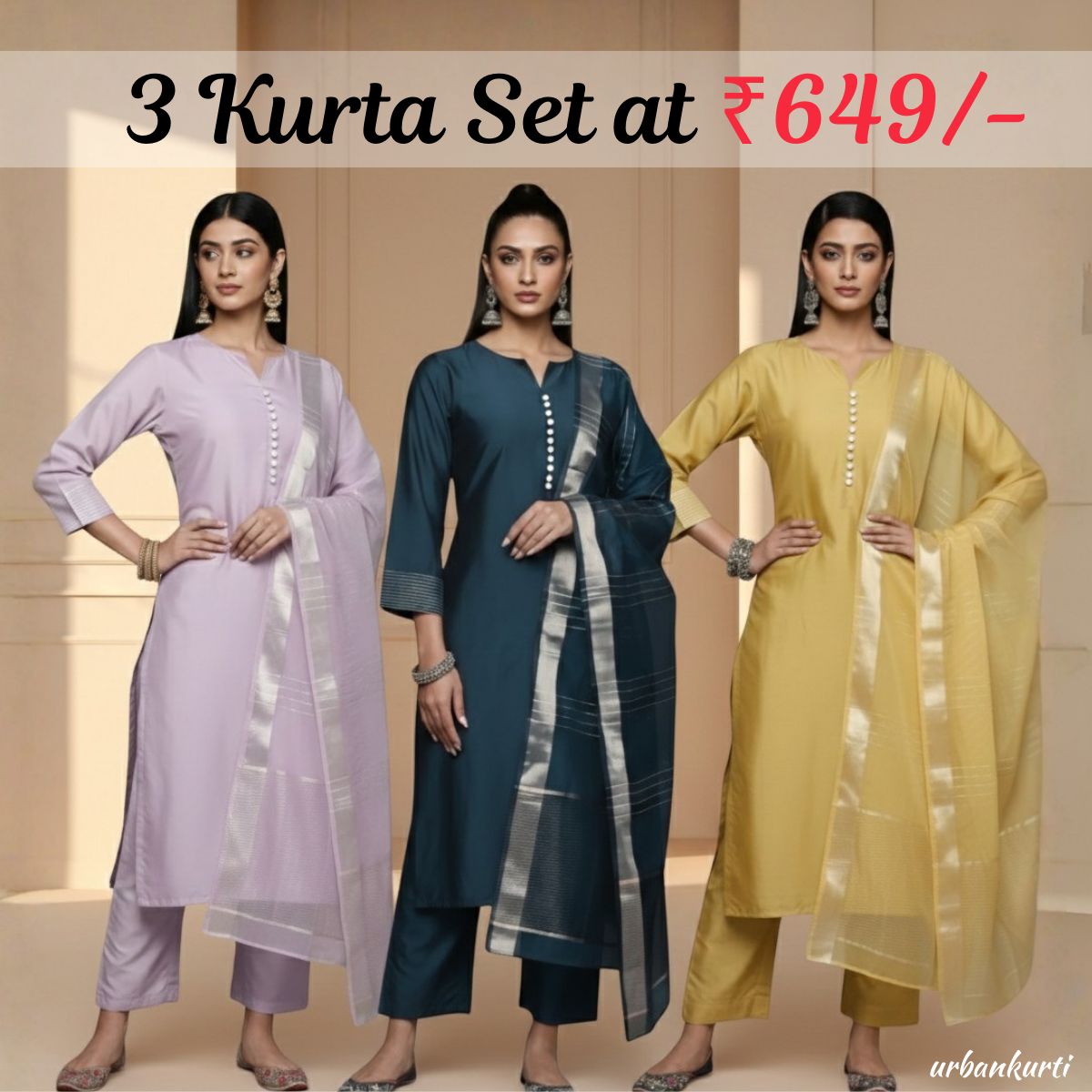 Women's Pack of 3 Pure Cotton Kurtis with Pant & Dupatta |C-014