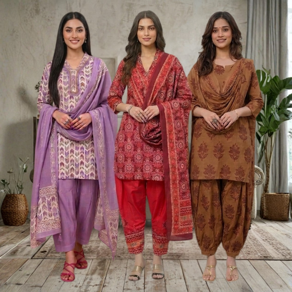 Pack Of 3 Farshi Salwar Kurta Set With Dupatta ( CKD_04)