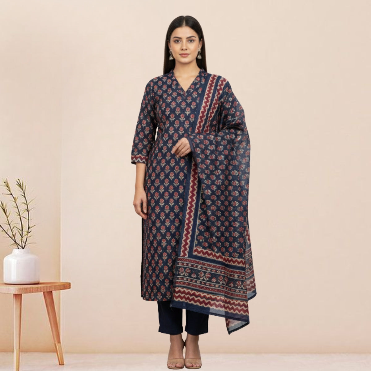 Women's Pack of 3 Pure Cotton Kurtis with Pant & Dupatta|C-09