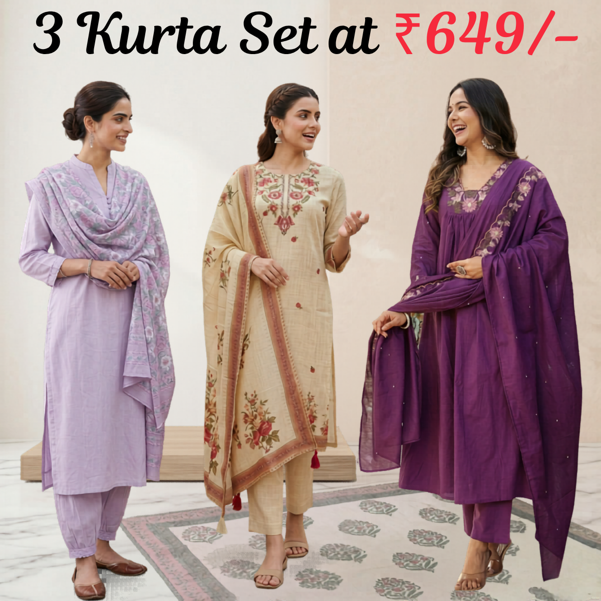 Women's Pack of 3 Pure Cotton Kurtas Pant Set & Dupatta |C-031