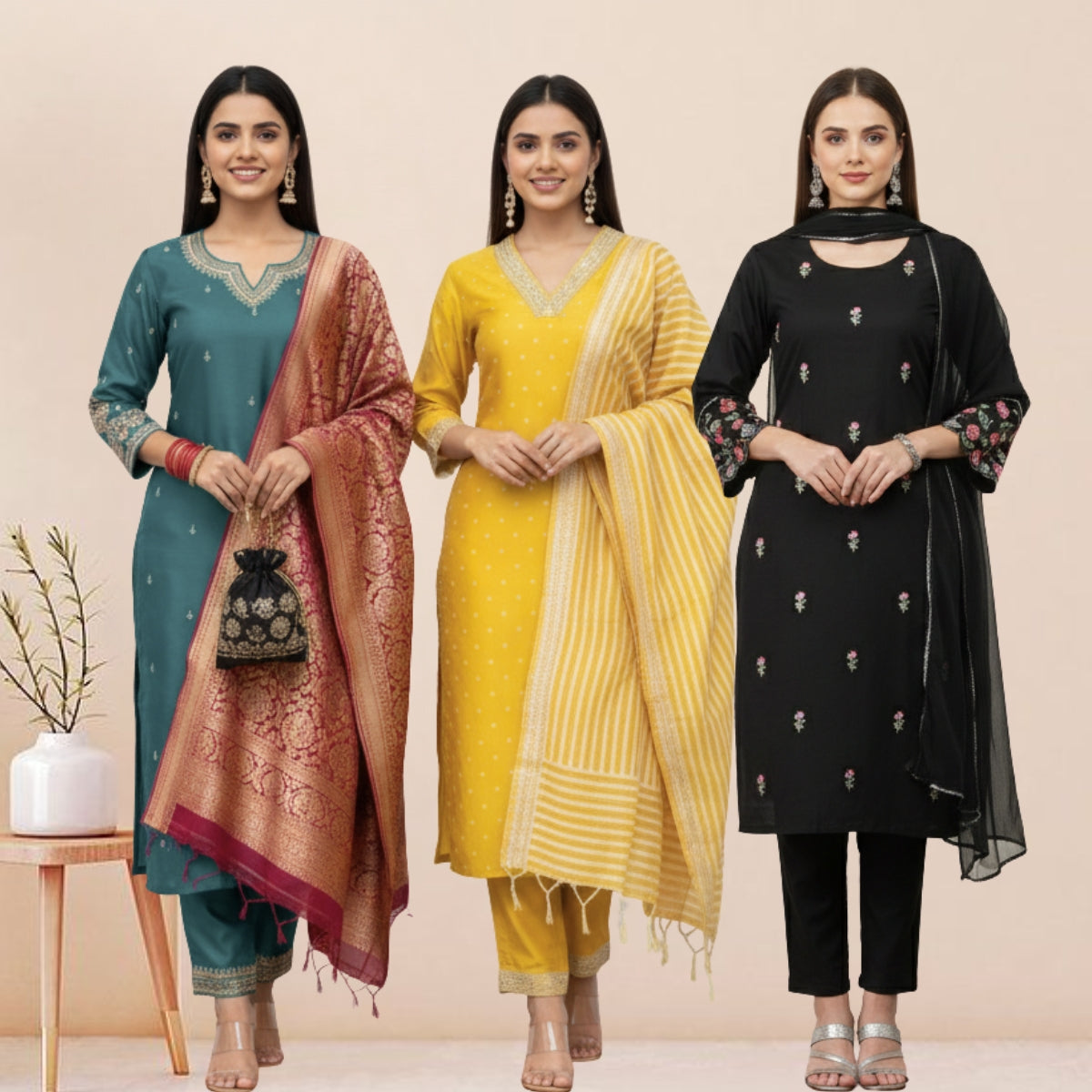 Women's Pack of 3 Pure Cotton Kurtis with Pant & Dupatta |C-05