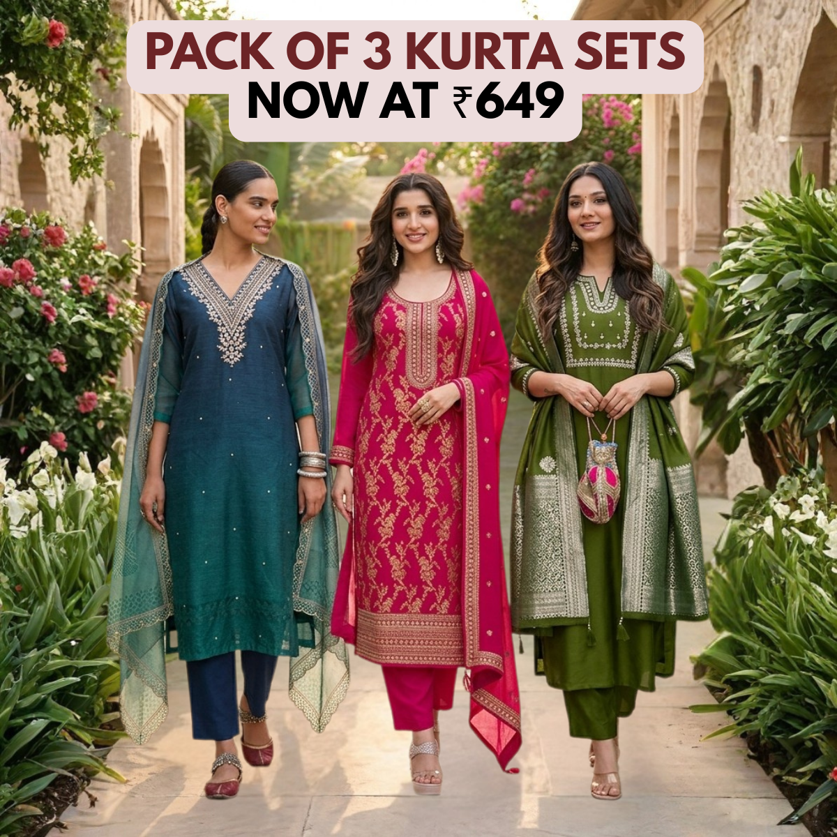 Women's Pack of 3 Pure Cotton Kurtas Pant Set & Dupatta |C-024