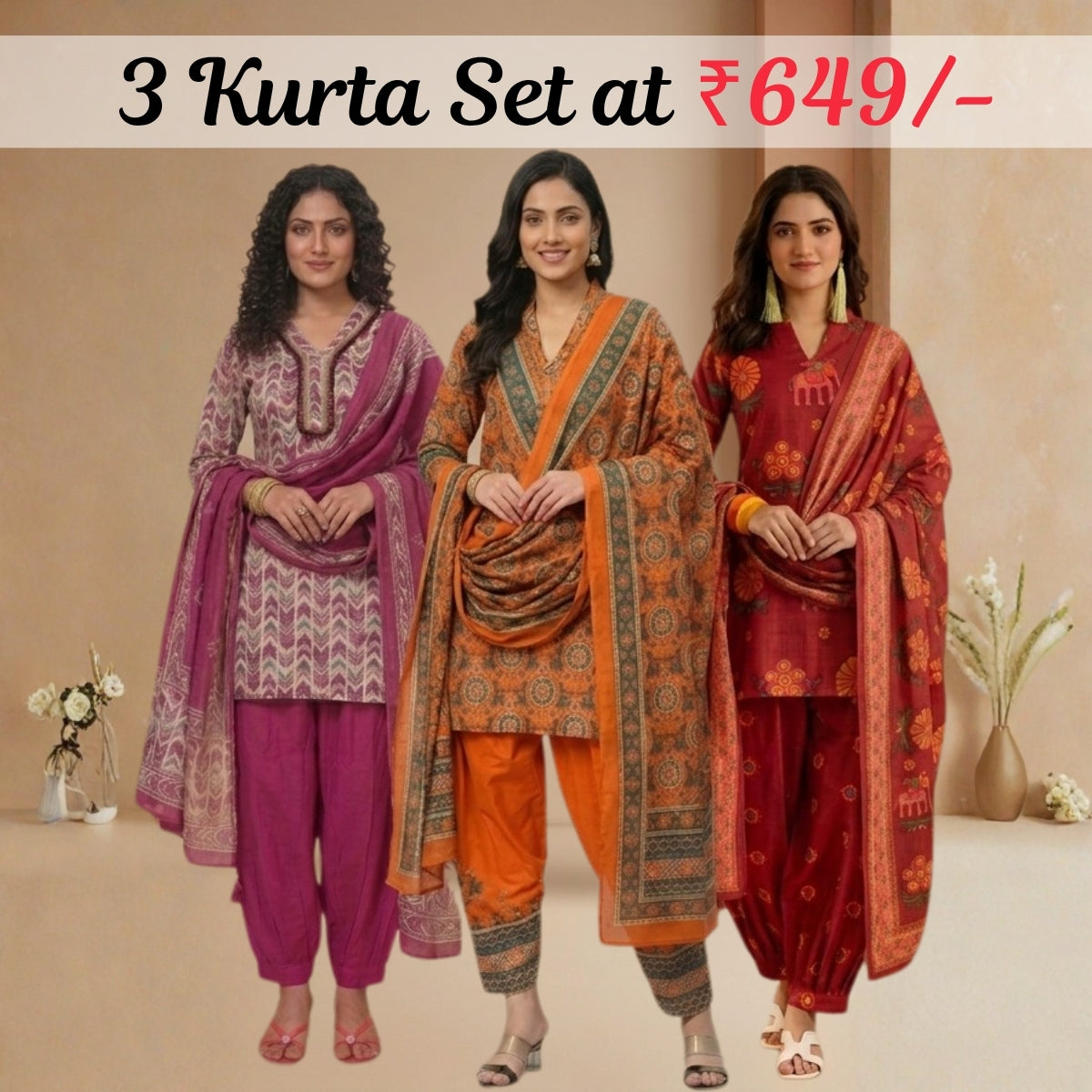 Pack Of 3 Farshi Salwar Kurta Set With Dupatta ( CKD_06)