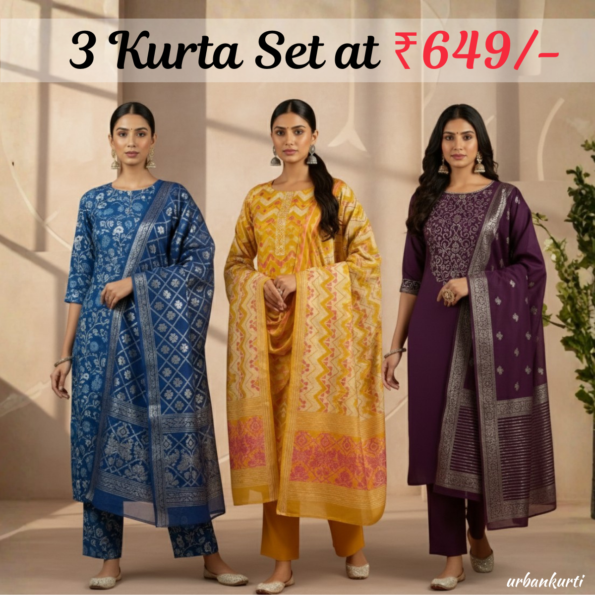 Women's Pack of 3 Pure Cotton Kurtis with Pant & Dupatta |C-012