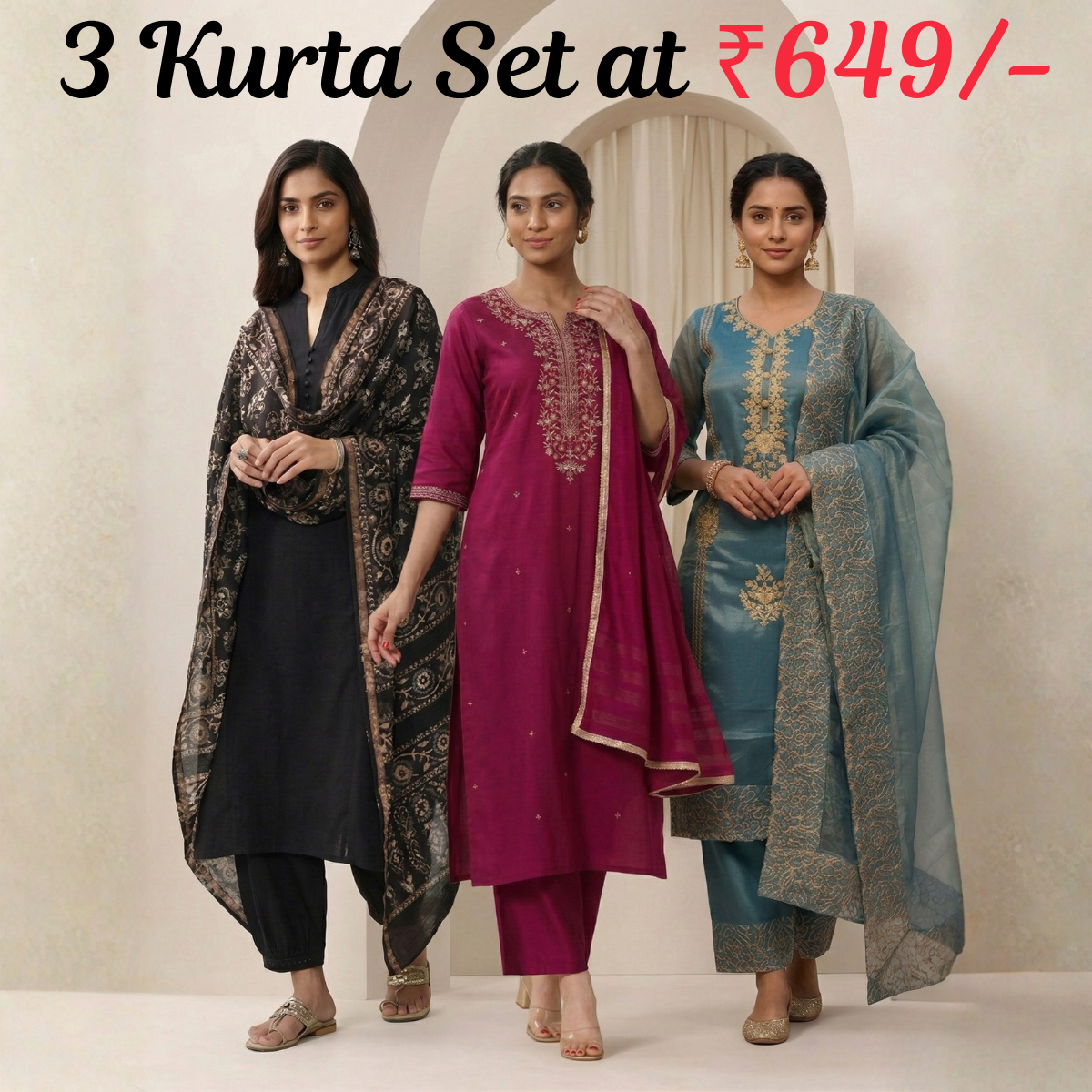 Women's Pack of 3 Pure Cotton Kurtas Pant Set & Dupatta |C-030