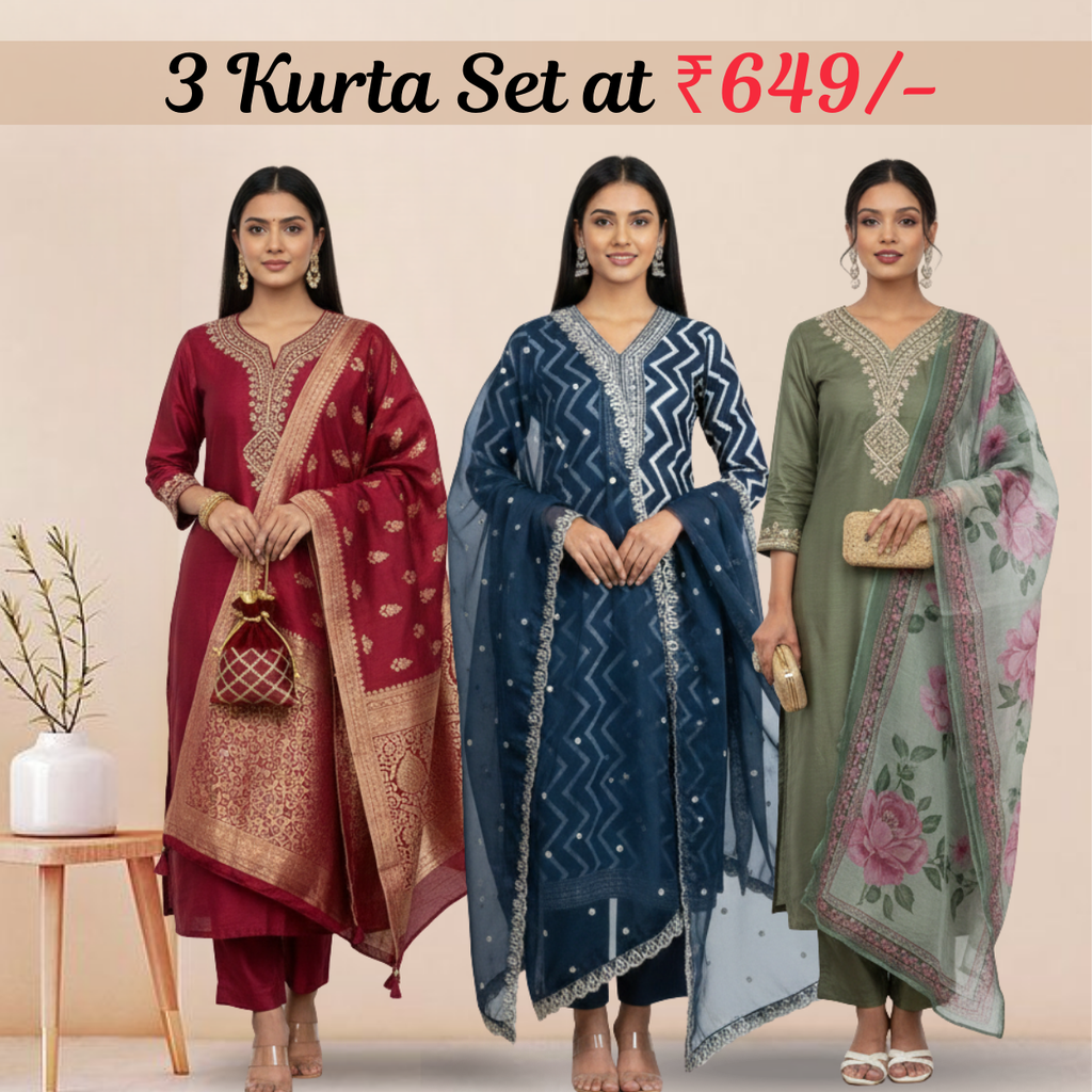 Women's Pack of 3 Pure Cotton Kurtis with Pant & Dupatta |C-01