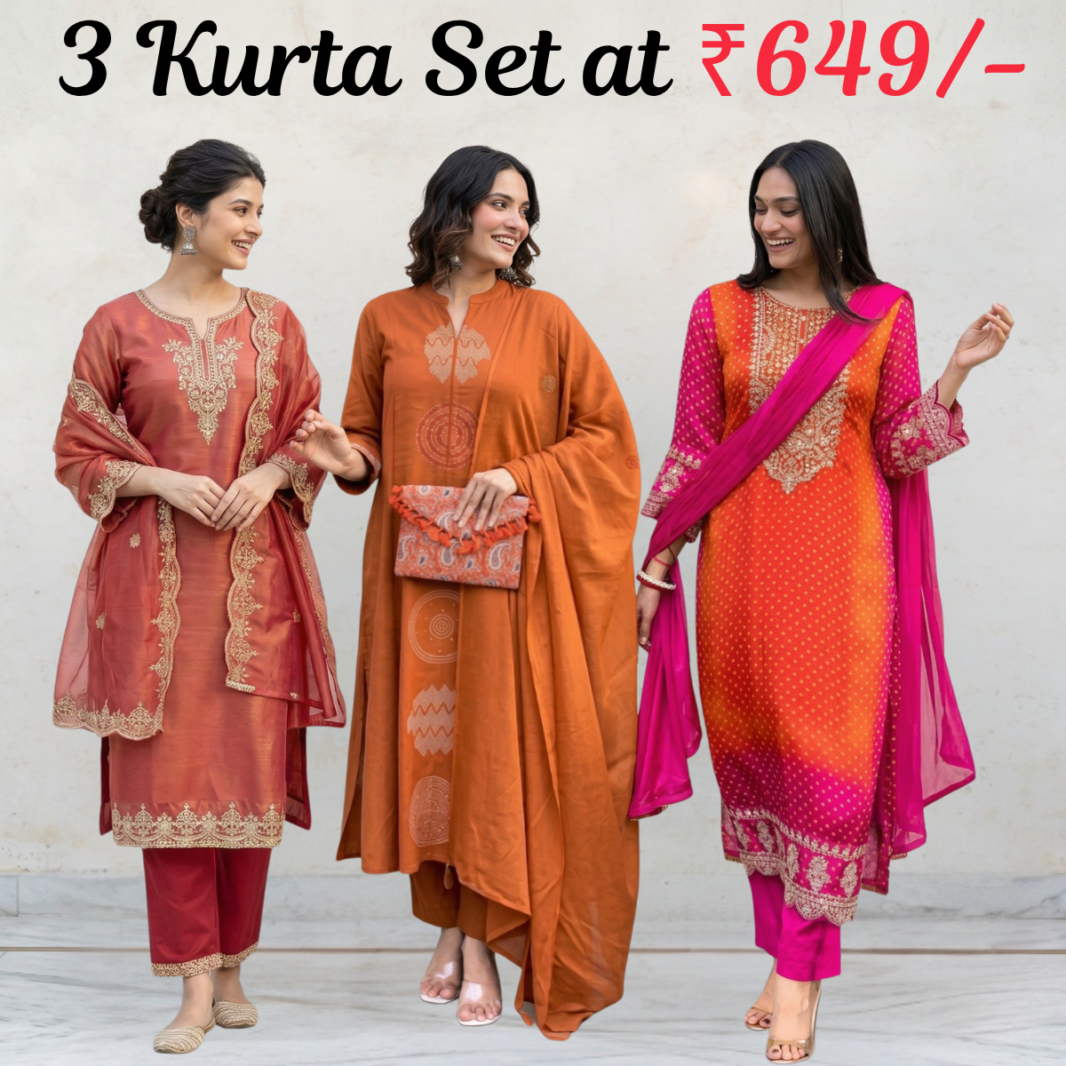 Women's Pack of 3 Pure Cotton Kurtas Pant Set & Dupatta |C-032