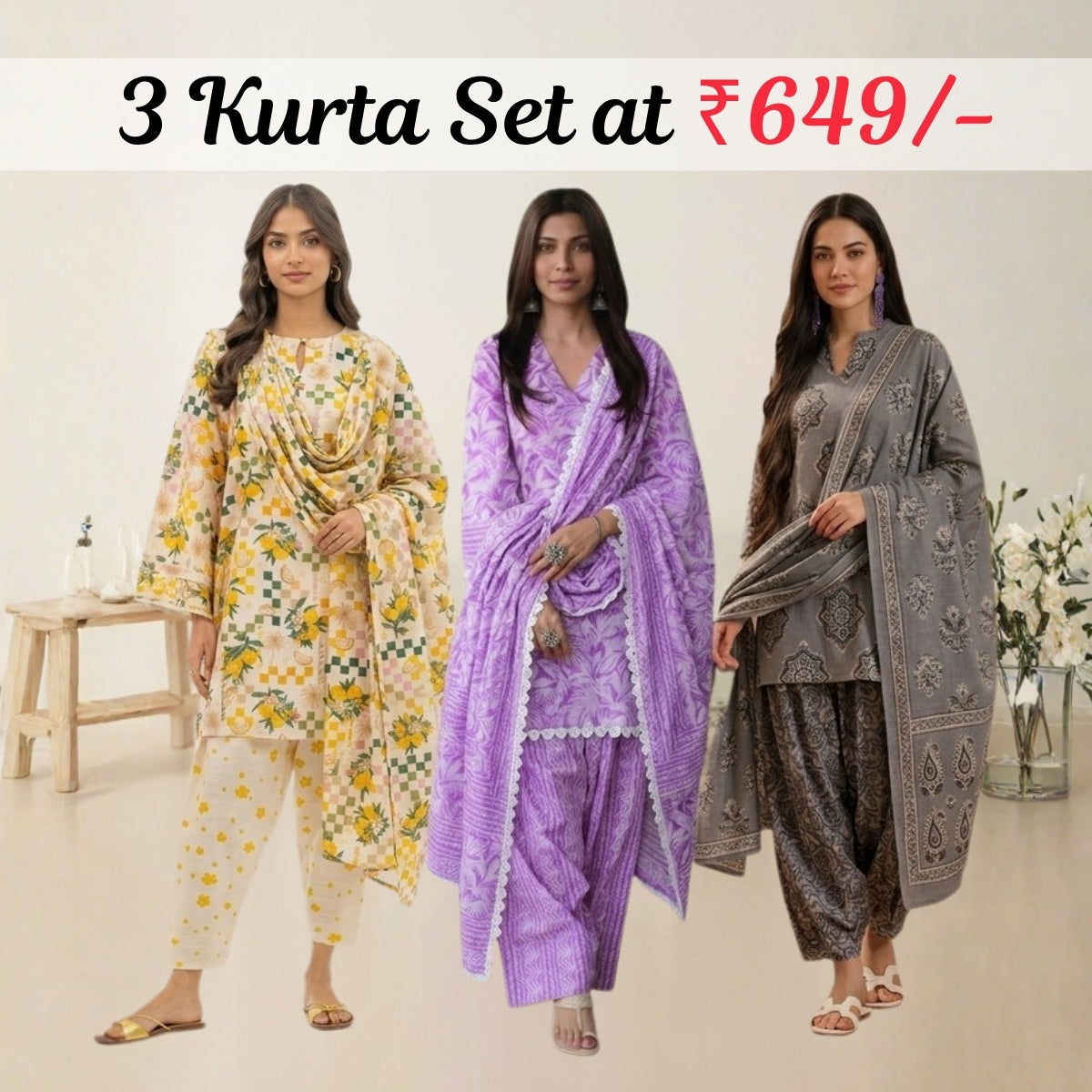 Pack Of 3 Farshi Salwar Kurta Set With Dupatta ( CKD_03)