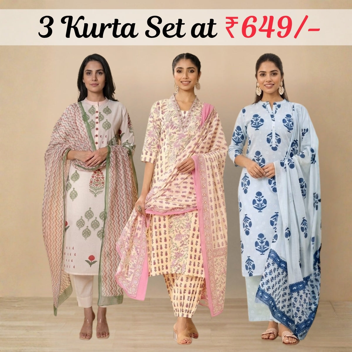 Pack Of 3 Kurta Summer Collection Set (CKS_01)