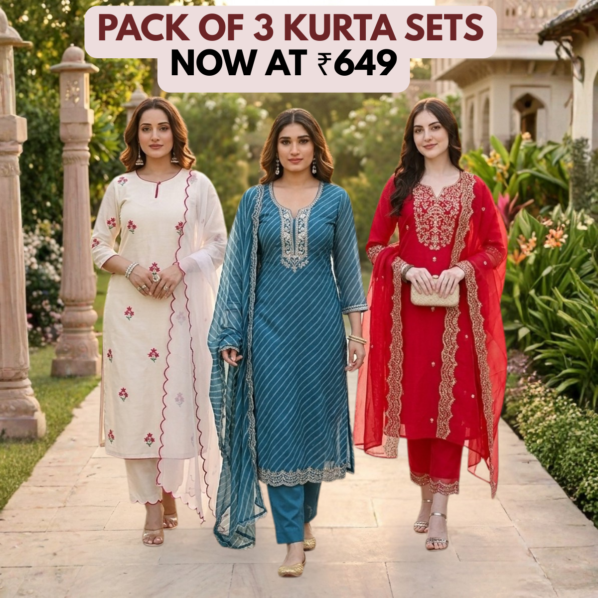 Women's Pack of 3 Pure Cotton Kurtas Pant Set & Dupatta |C-022