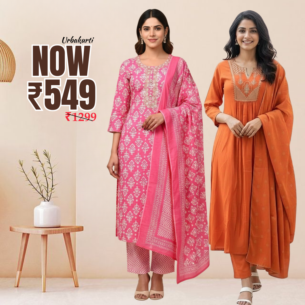 Pack of 2 Premium Cotton Kurtis with Pant & Dupatta – Casual Ethnic | C-02