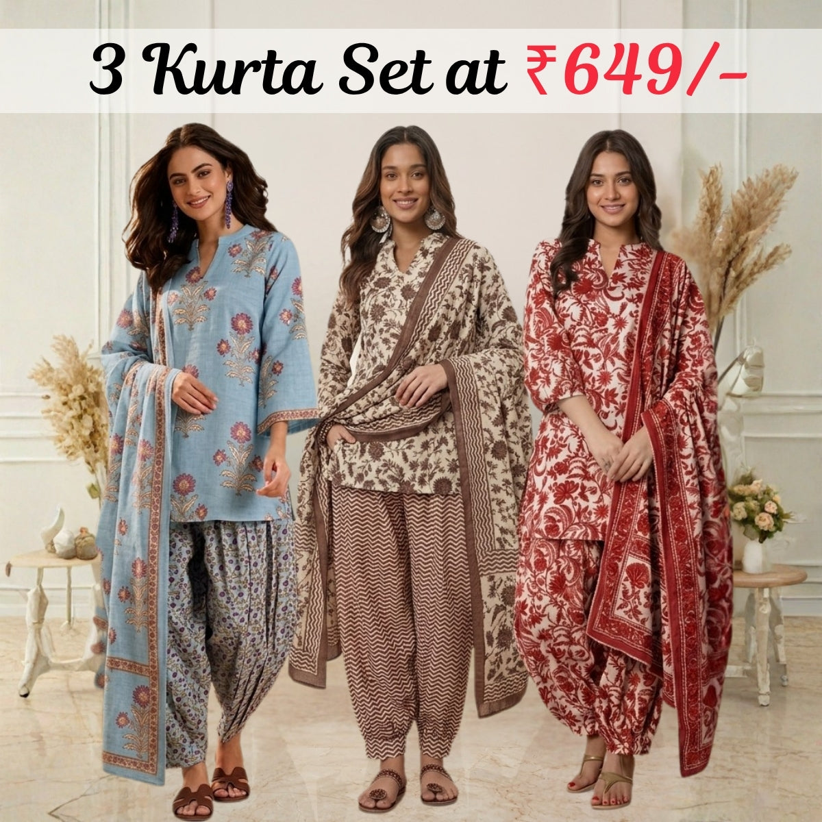 Pack Of 3 Farshi Salwar Kurta Set With Dupatta ( CKD_07)