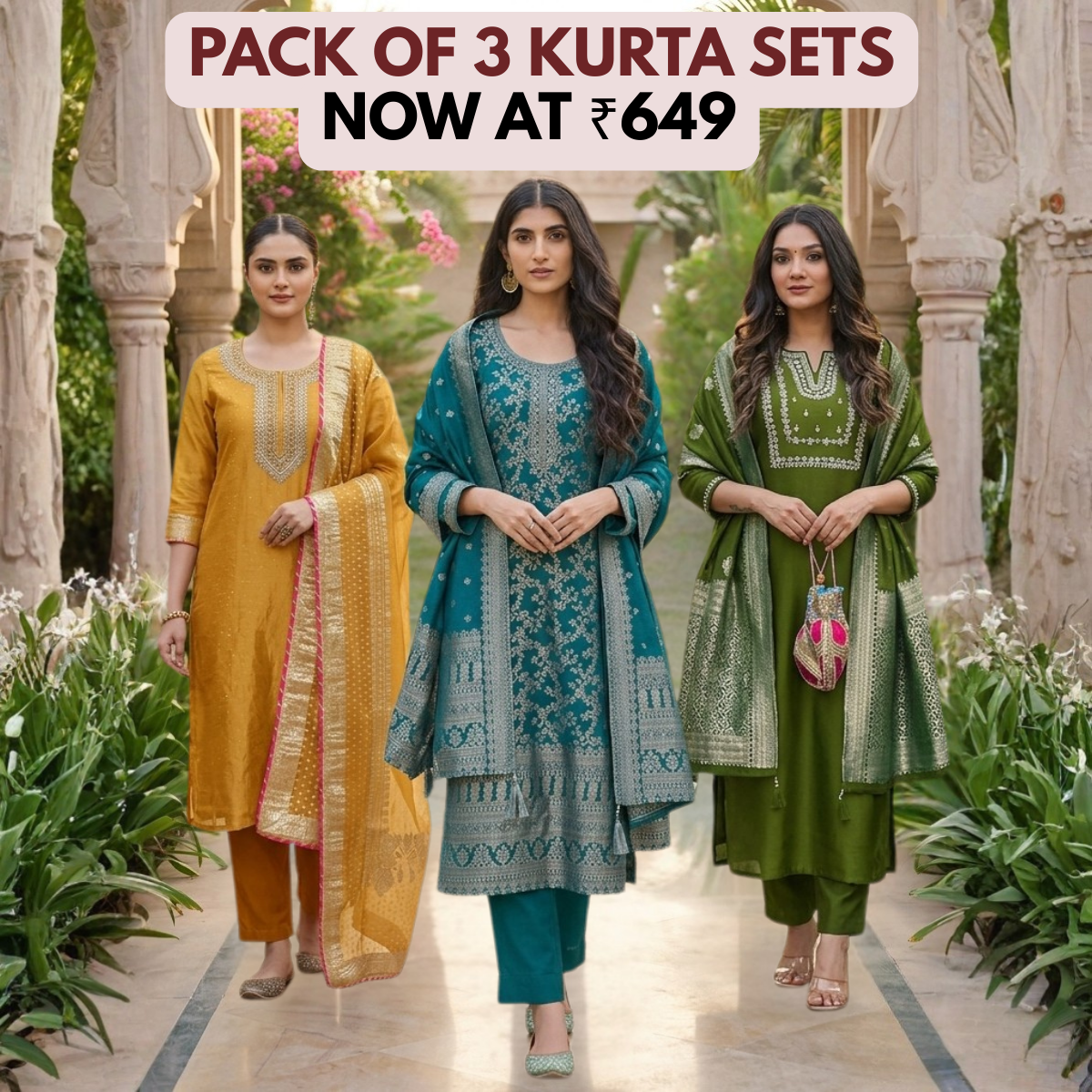 Women's Pack of 3 Pure Cotton Kurtas Pant Set & Dupatta |C-025
