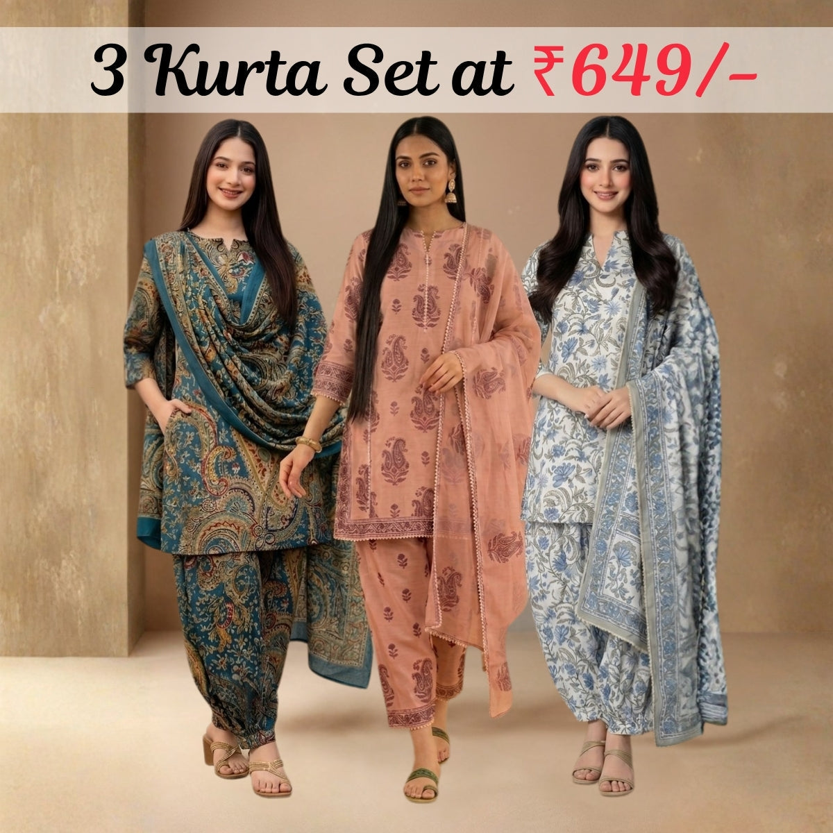 Pack Of 3 Farshi Salwar Kurta Set With Dupatta ( CKD_02)