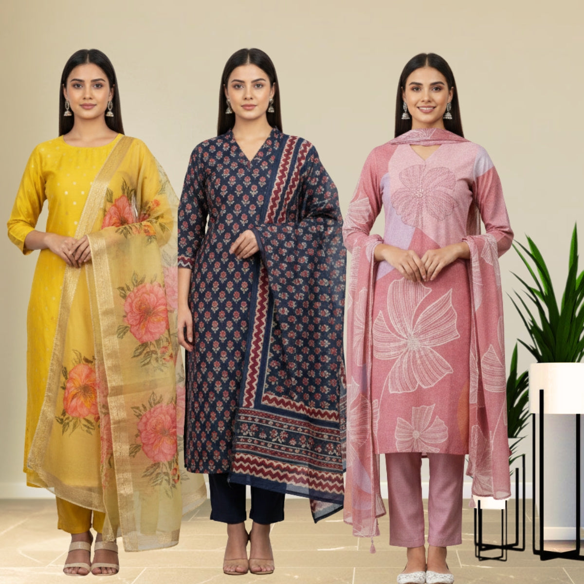 Women's Pack of 3 Pure Cotton Kurtis with Pant & Dupatta|C-09