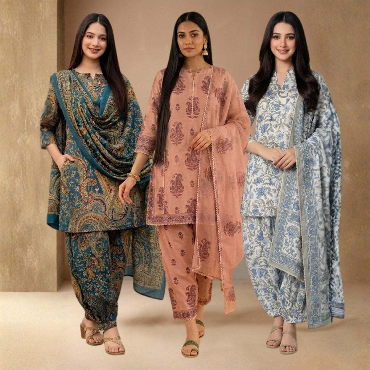 Pack Of 3 Farshi Salwar Kurta Set With Dupatta ( CKD_02)