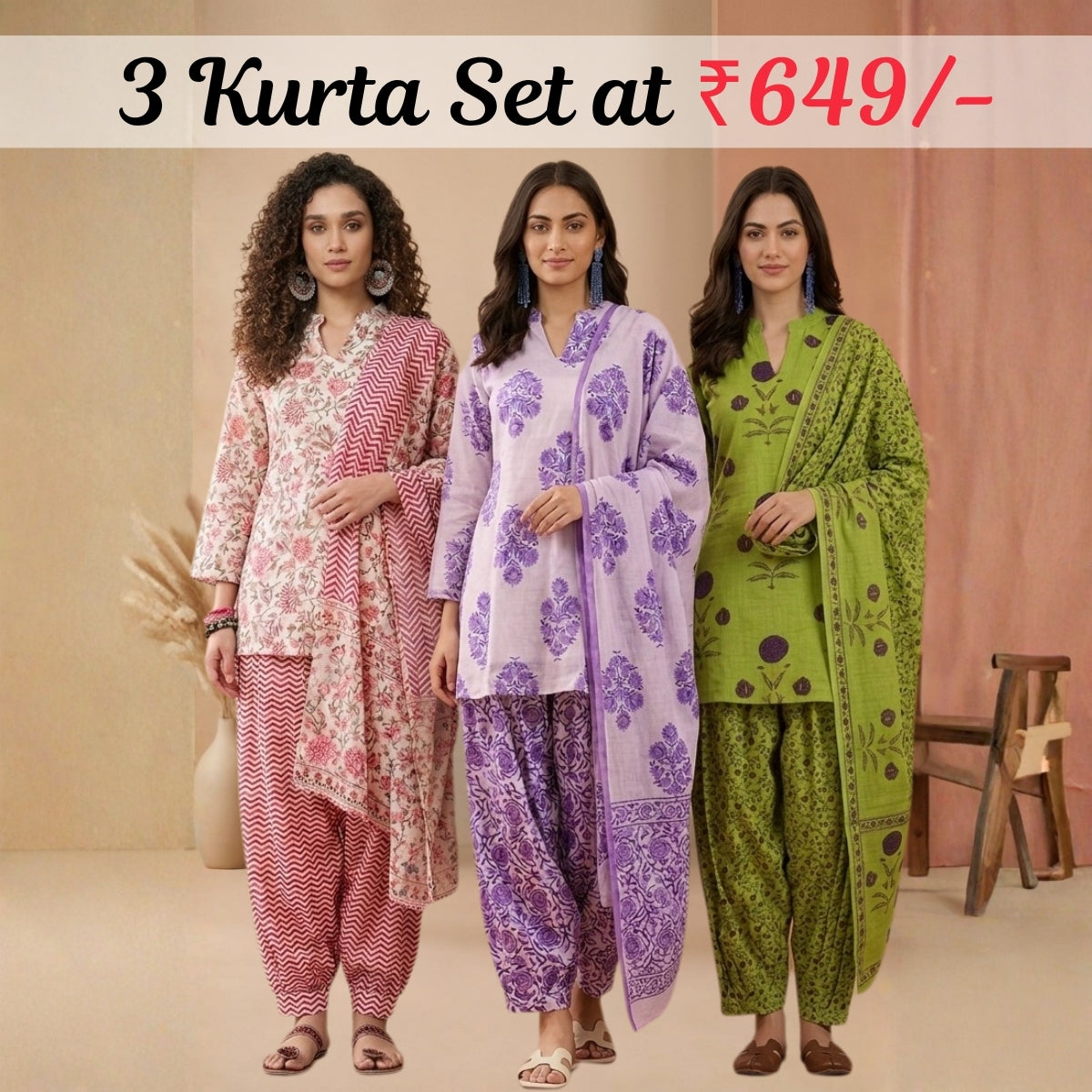 Pack Of 3 Farshi Salwar Kurta Set With Dupatta ( CKD_08)