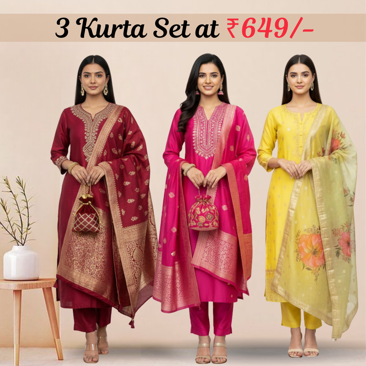 Women's Pack of 3 Pure Cotton Kurtis with Pant & Dupatta |C-02