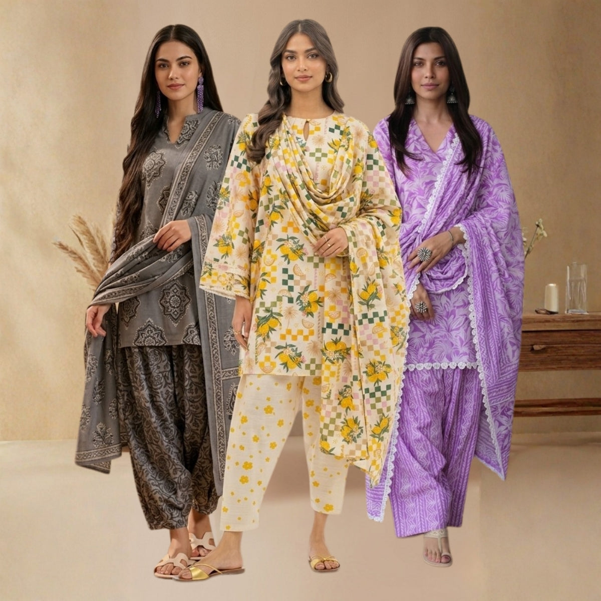Pack Of 3 Farshi Salwar Kurta Set With Dupatta ( CKD_03)