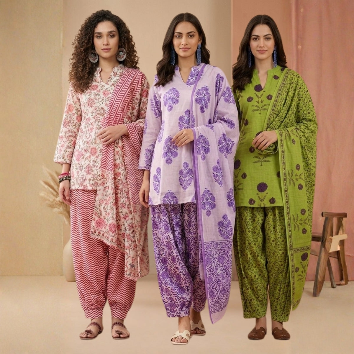 Pack Of 3 Farshi Salwar Kurta Set With Dupatta ( CKD_08)
