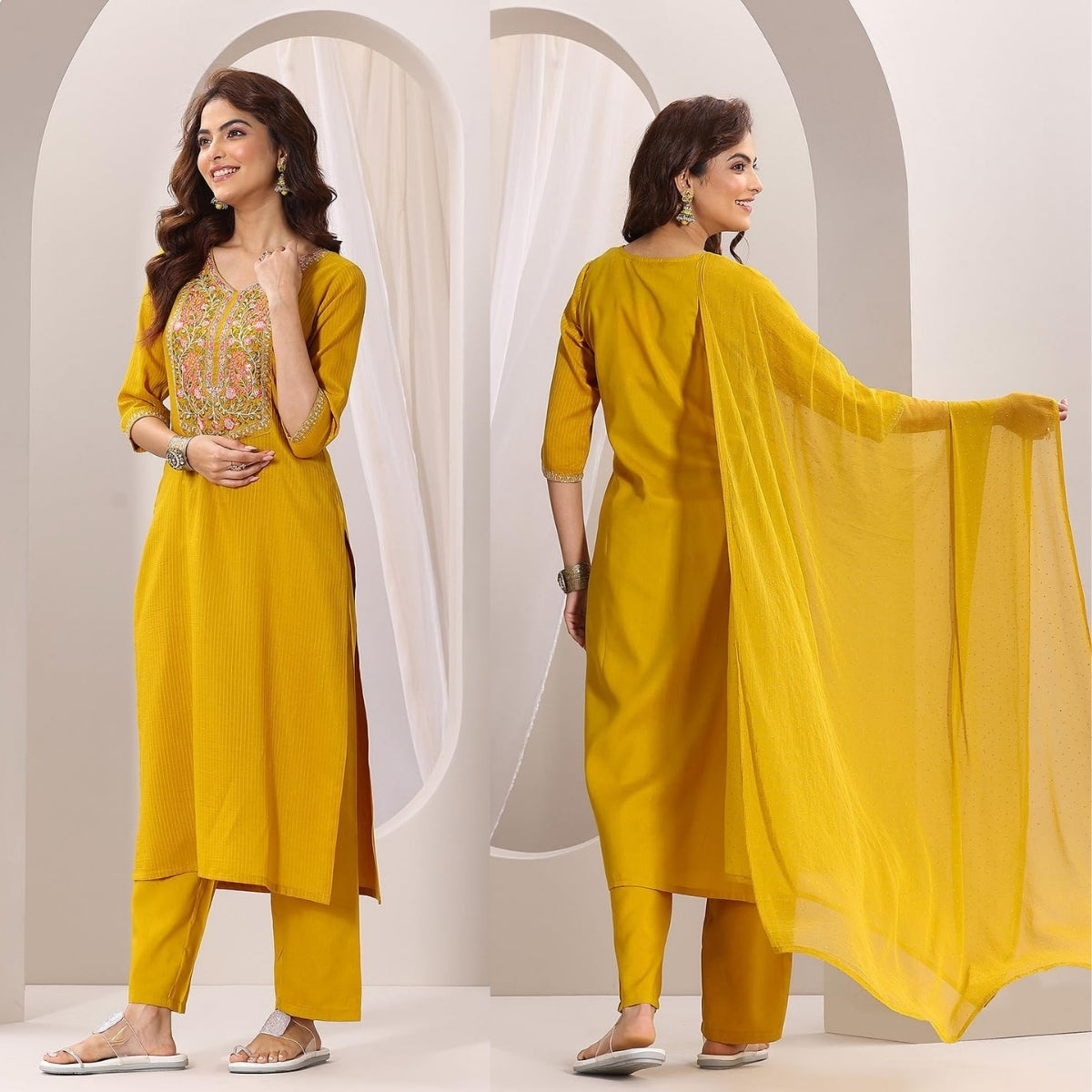 Pack of 2 Premium Cotton Kurtis with Pant & Dupatta – Casual Ethnic| C-15