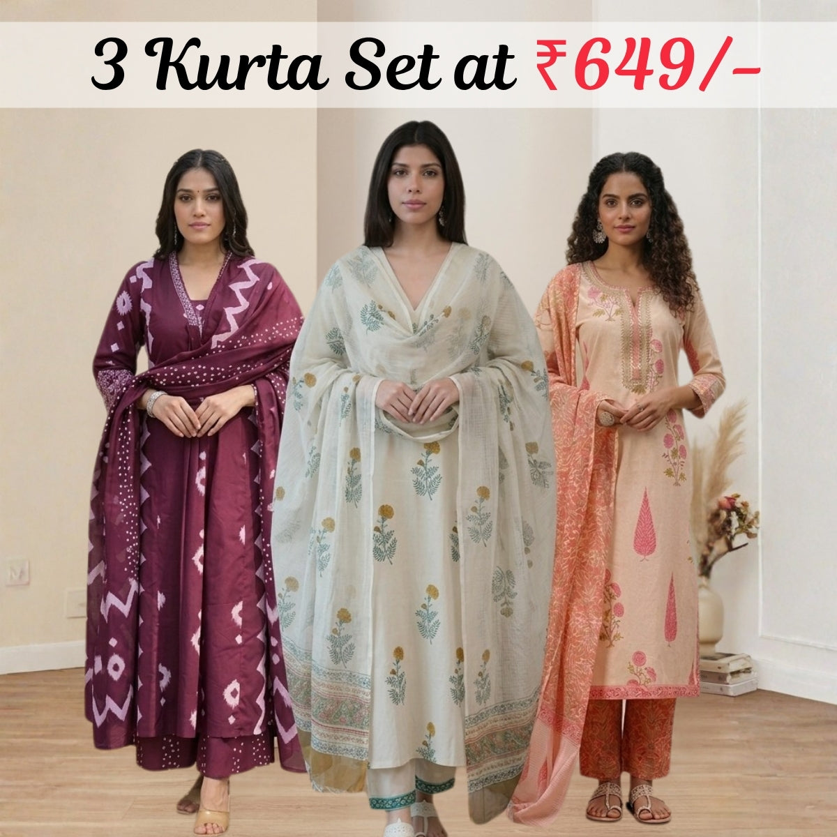 Pack Of 3 Kurta Summer Collection Set (CKS_05)