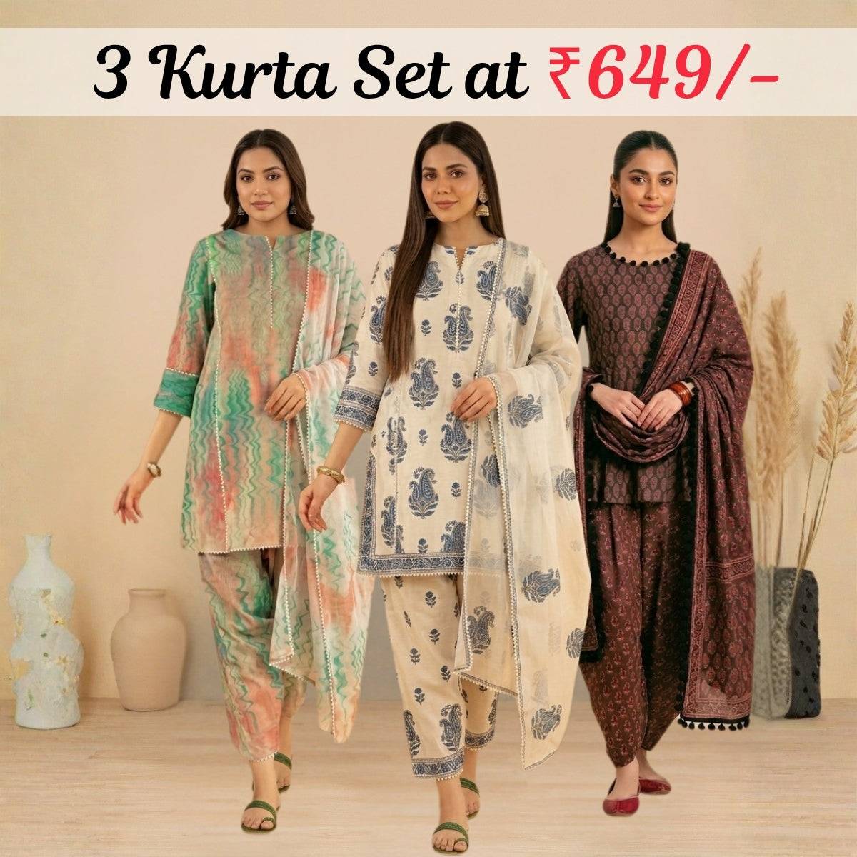 Pack Of 3 Farshi Salwar Kurta Set With Dupatta ( CKD_09)