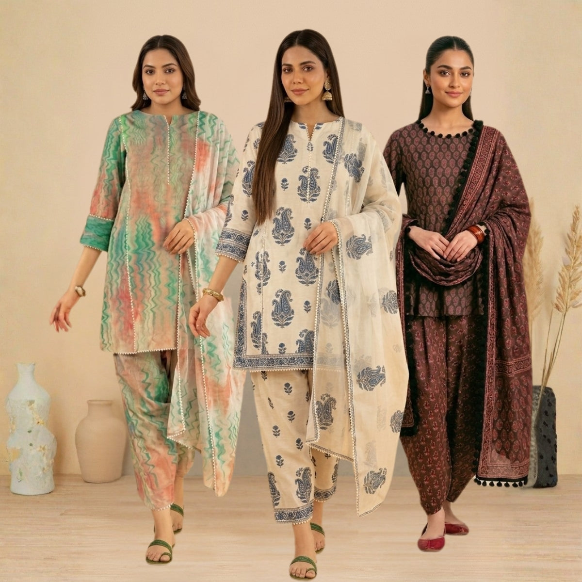Pack Of 3 Farshi Salwar Kurta Set With Dupatta ( CKD_09)