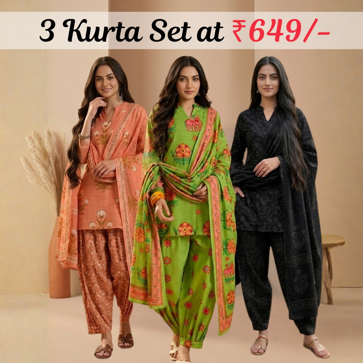 Pack Of 3 Farshi Salwar Kurta Set With Dupatta ( CKD_10)