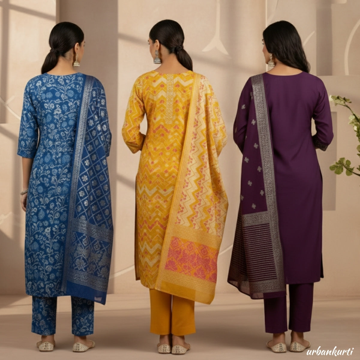 Women's Pack of 3 Pure Cotton Kurtis with Pant & Dupatta |C-012