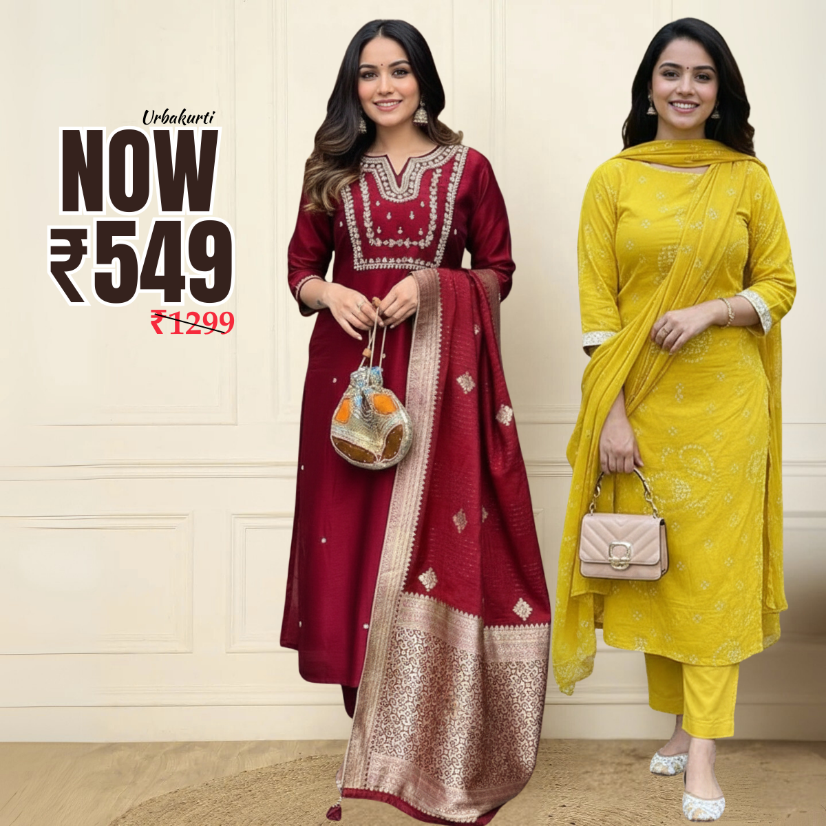 Pack of 2 Premium Cotton Kurtis with Pant & Dupatta – Casual Ethnic | C-04