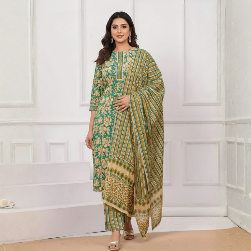 Pack of 2 Premium Cotton Kurtis with Pant & Dupatta – Casual Ethnic | C-01