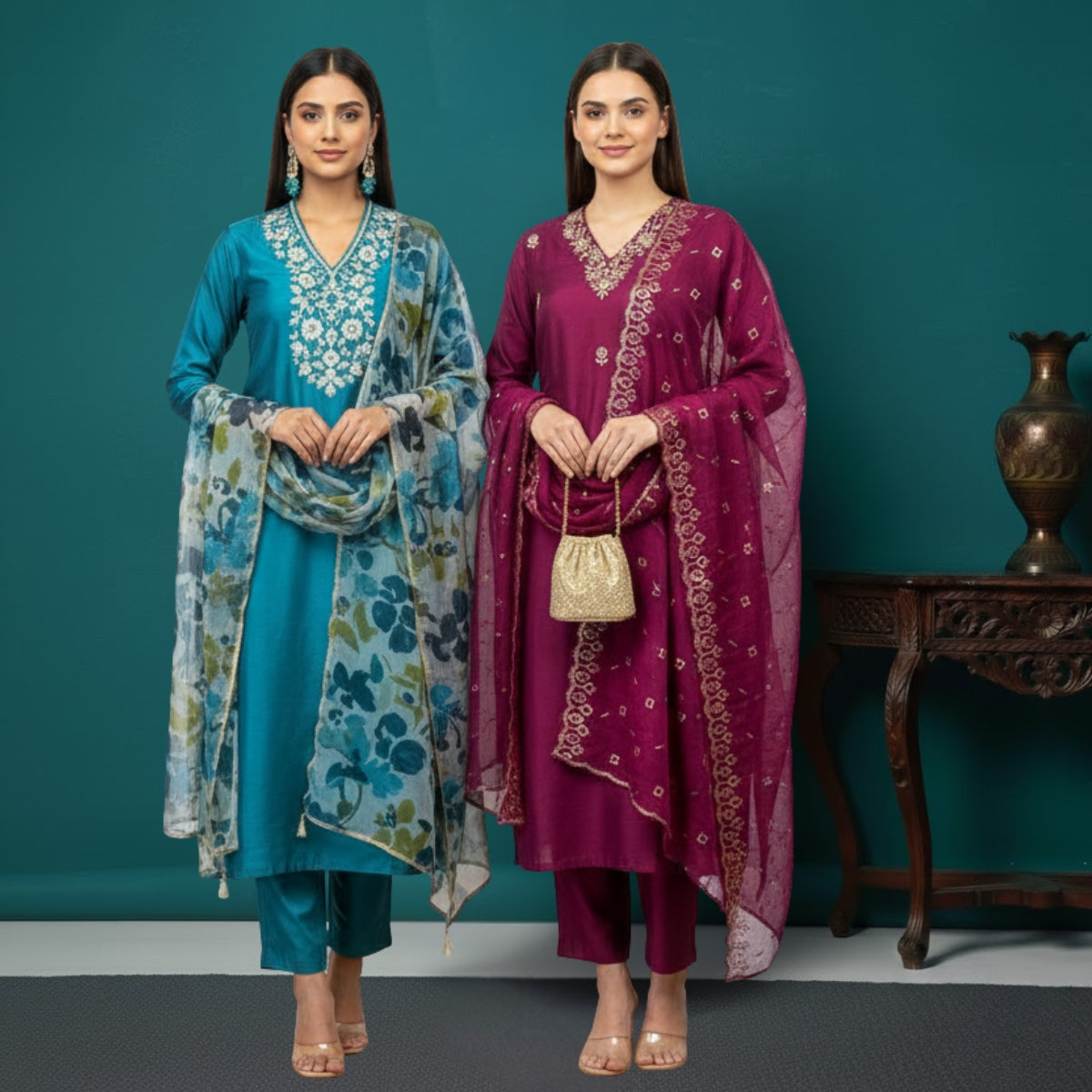 Pack of 2 Premium Cotton Kurtis with Pant & Dupatta – Casual Ethnic | C-07