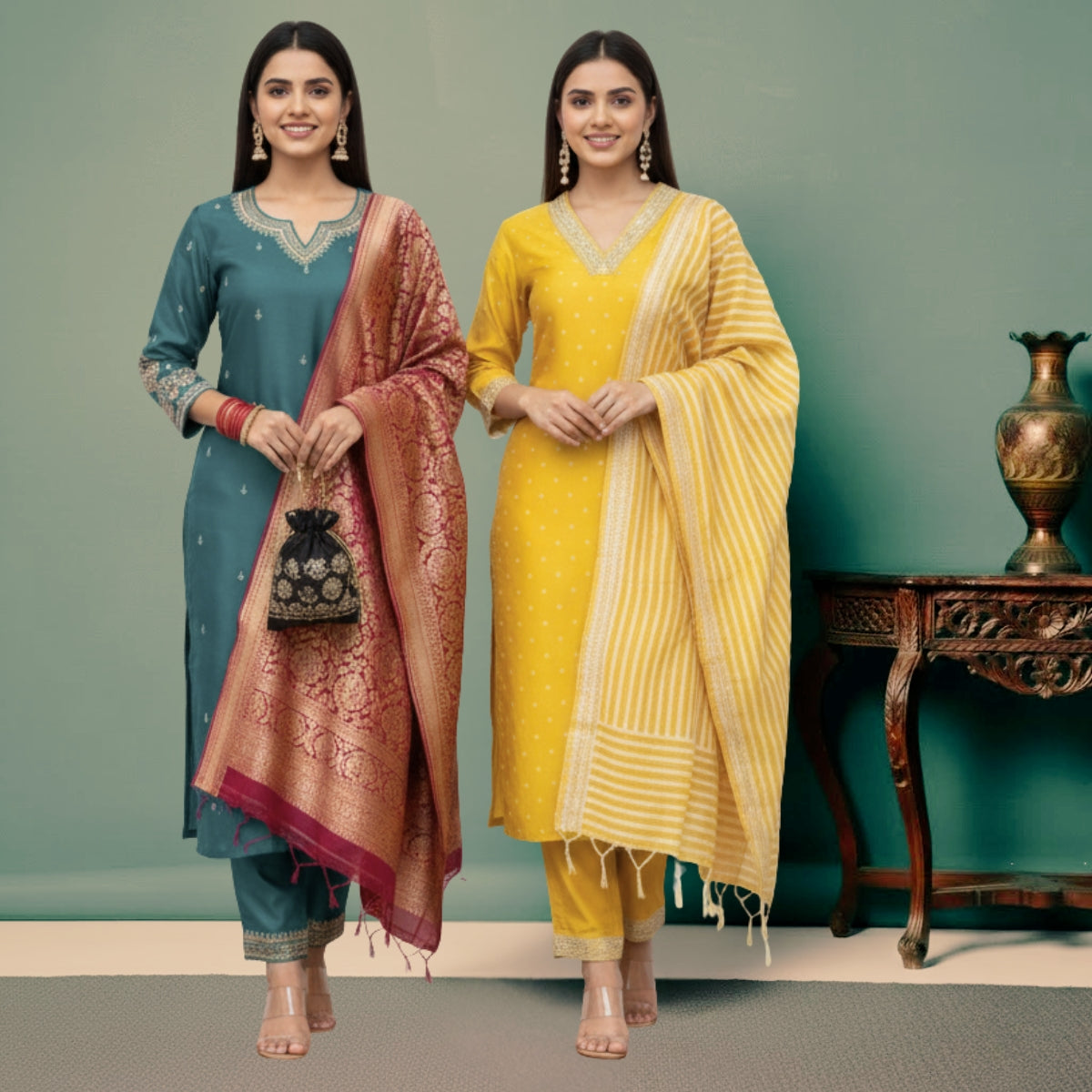 Pack of 2 Premium Cotton Kurtis with Pant & Dupatta – Casual Ethnic| C-10