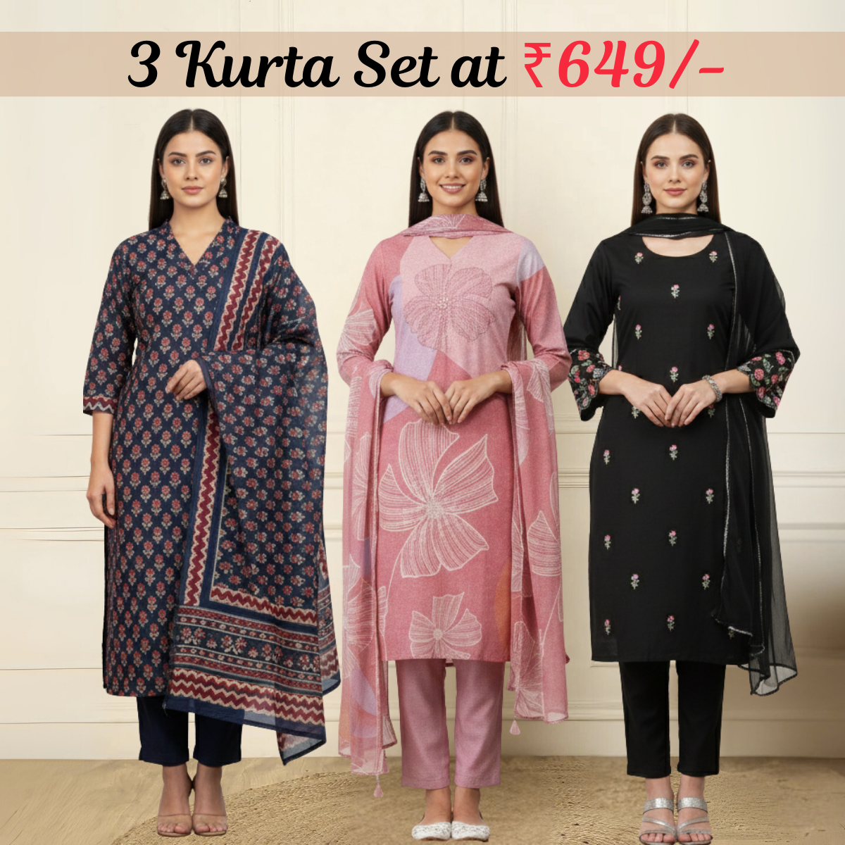 Women's Pack of 3 Pure Cotton Kurtis with Pant & Dupatta |C-04