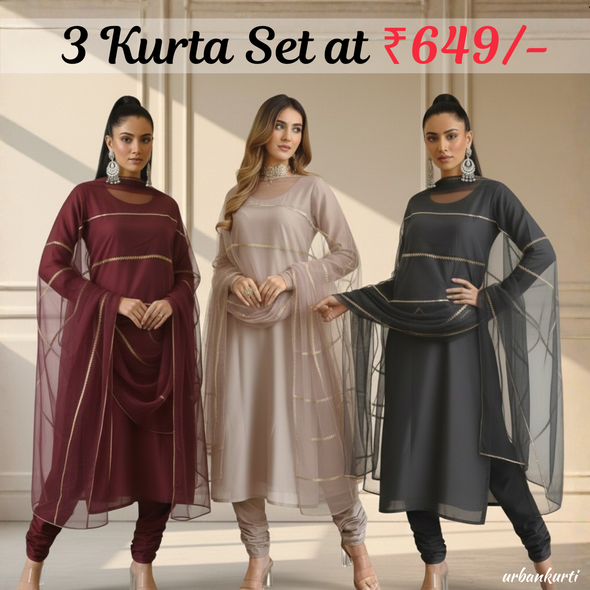 Women's Pack of 3 Pure Cotton Kurtis with Pant & Dupatta |C-013