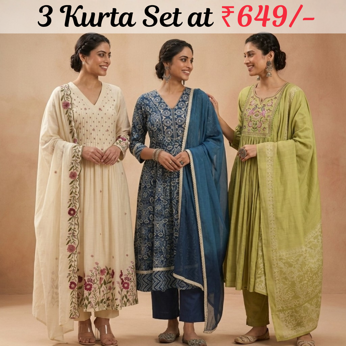 Pack Of 3 Kurta Set with Dupatta (KS-6)