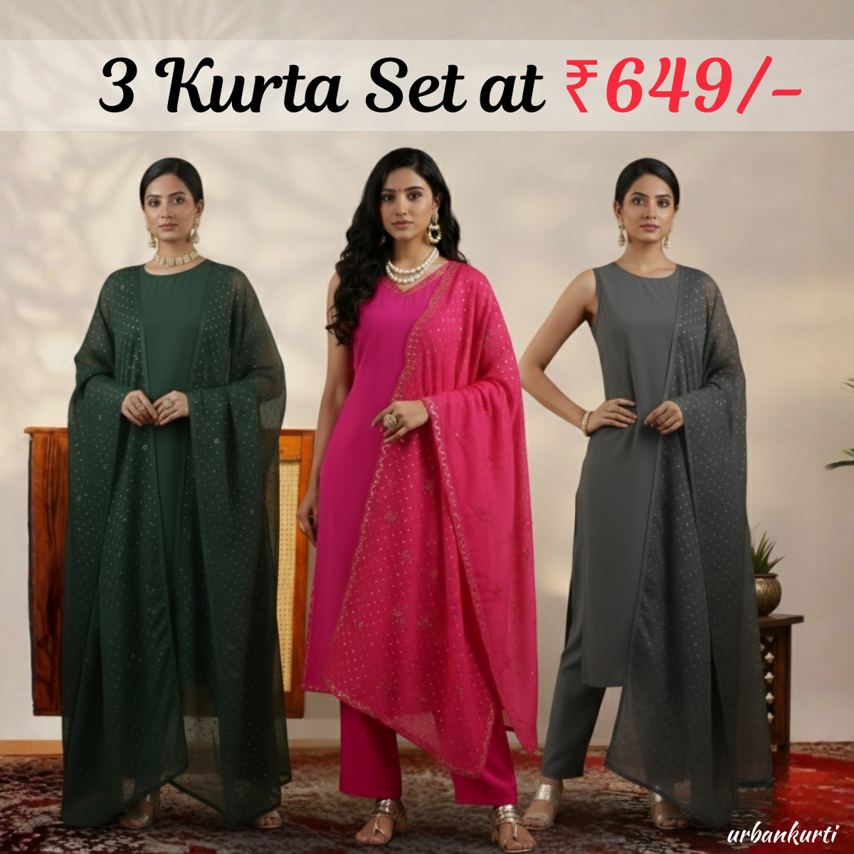 Women's Pack of 3 Pure Cotton Kurtis with Pant & Dupatta |C-016