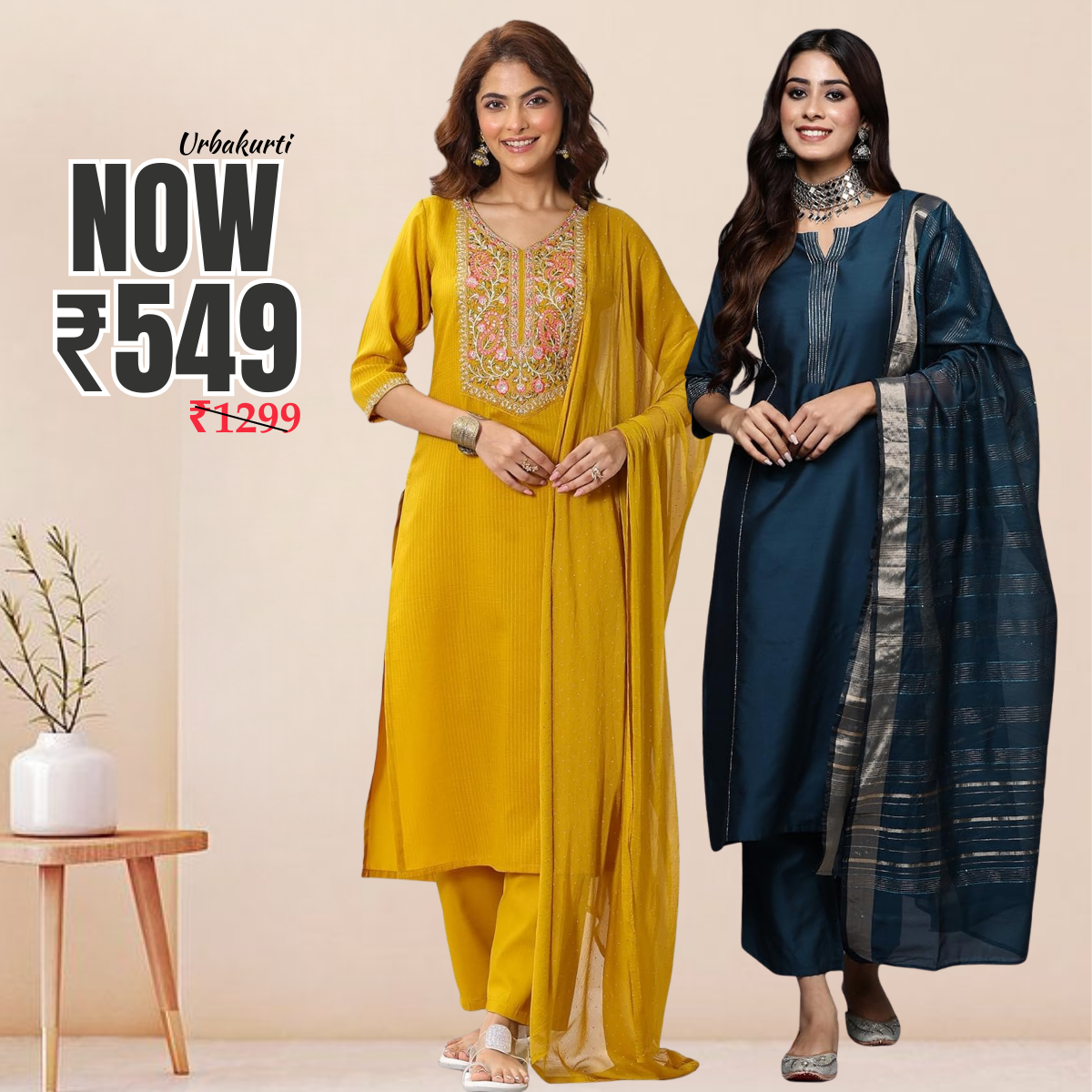 Pack of 2 Premium Cotton Kurtis with Pant & Dupatta – Casual Ethnic| C-15