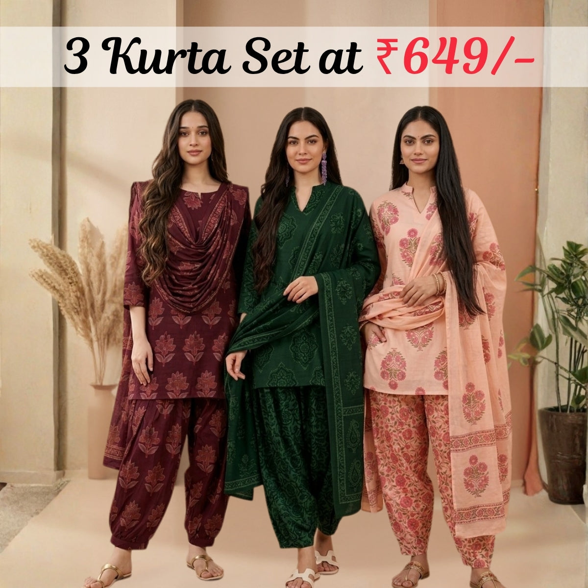 Pack Of 3 Farshi Salwar Kurta Set With Dupatta ( CKD_01)