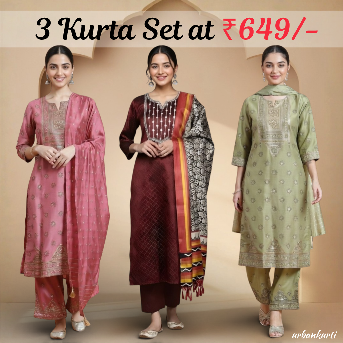 Women's Pack of 3 Pure Cotton Kurtis with Pant & Dupatta |C-015