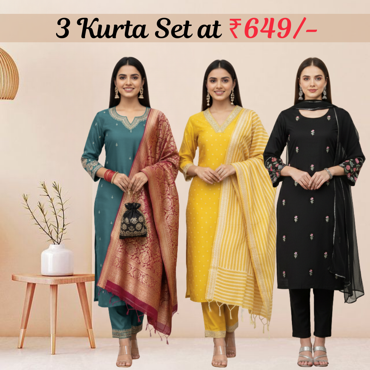 Women's Pack of 3 Pure Cotton Kurtis with Pant & Dupatta |C-05
