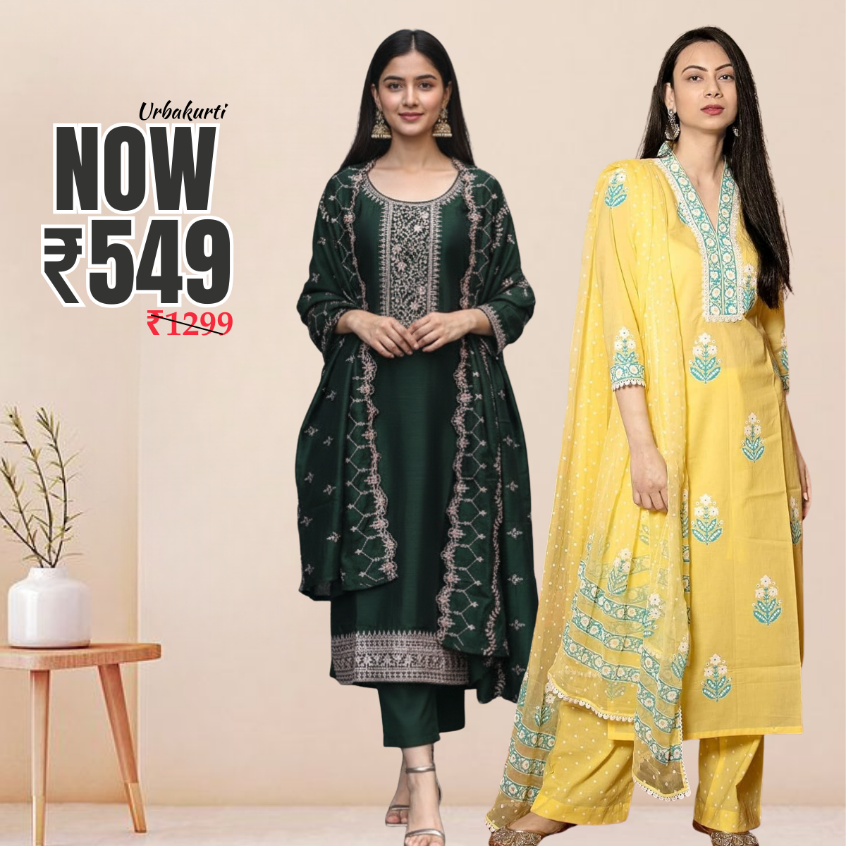 Pack of 2 Premium Cotton Kurtis with Pant & Dupatta – Casual Ethnic | C-06