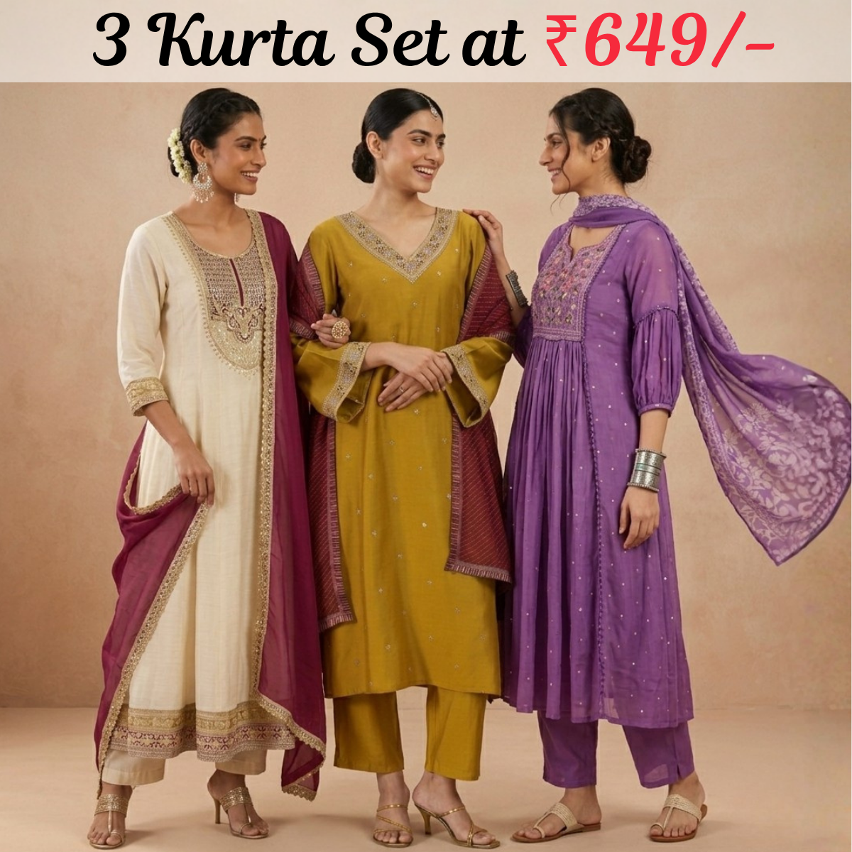 Pack Of 3 Kurta Set with Dupatta (KS-7)