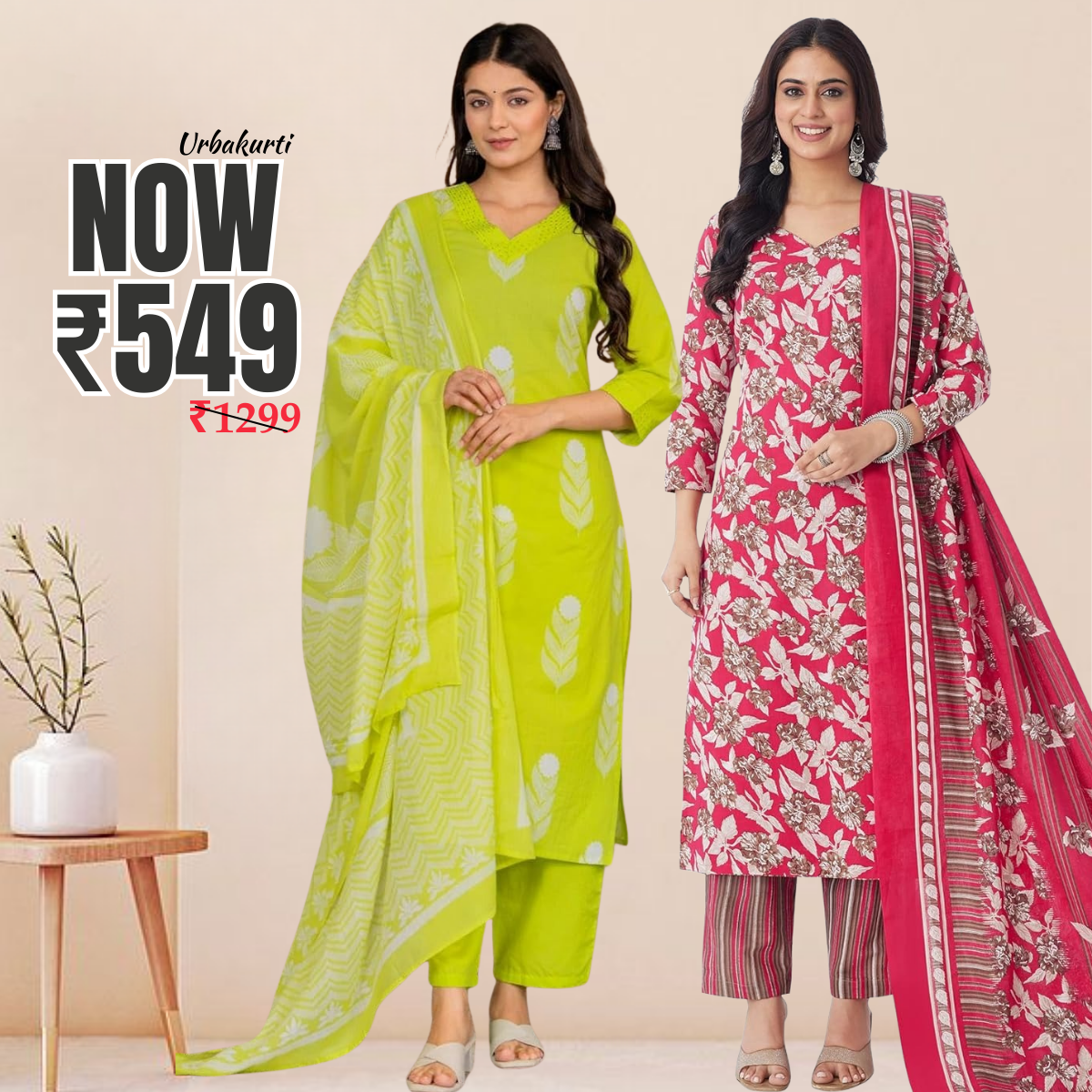 Pack of 2 Premium Cotton Kurtis with Pant & Dupatta – Casual Ethnic| C-16